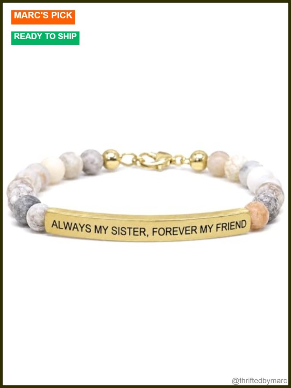 Natural Gemstone Stretch Bracelet with Engraved Stainless Steel Bar - Sister